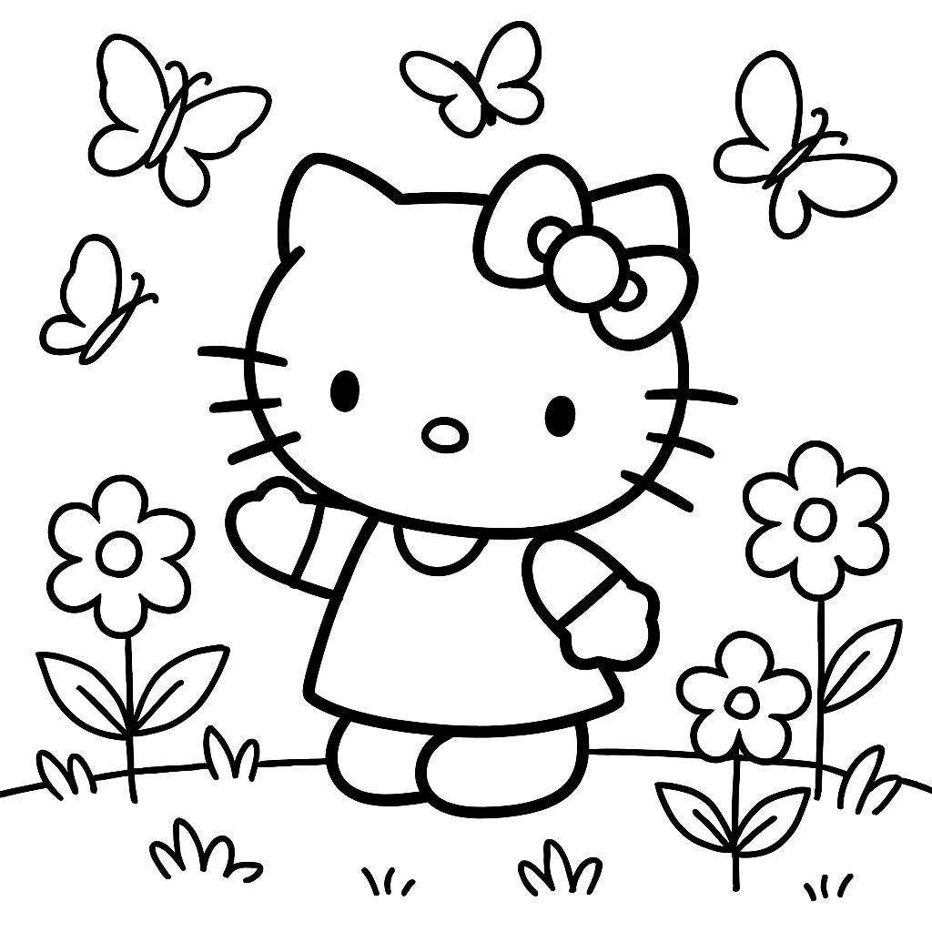 Hello Kitty playing with butterflies in a garden